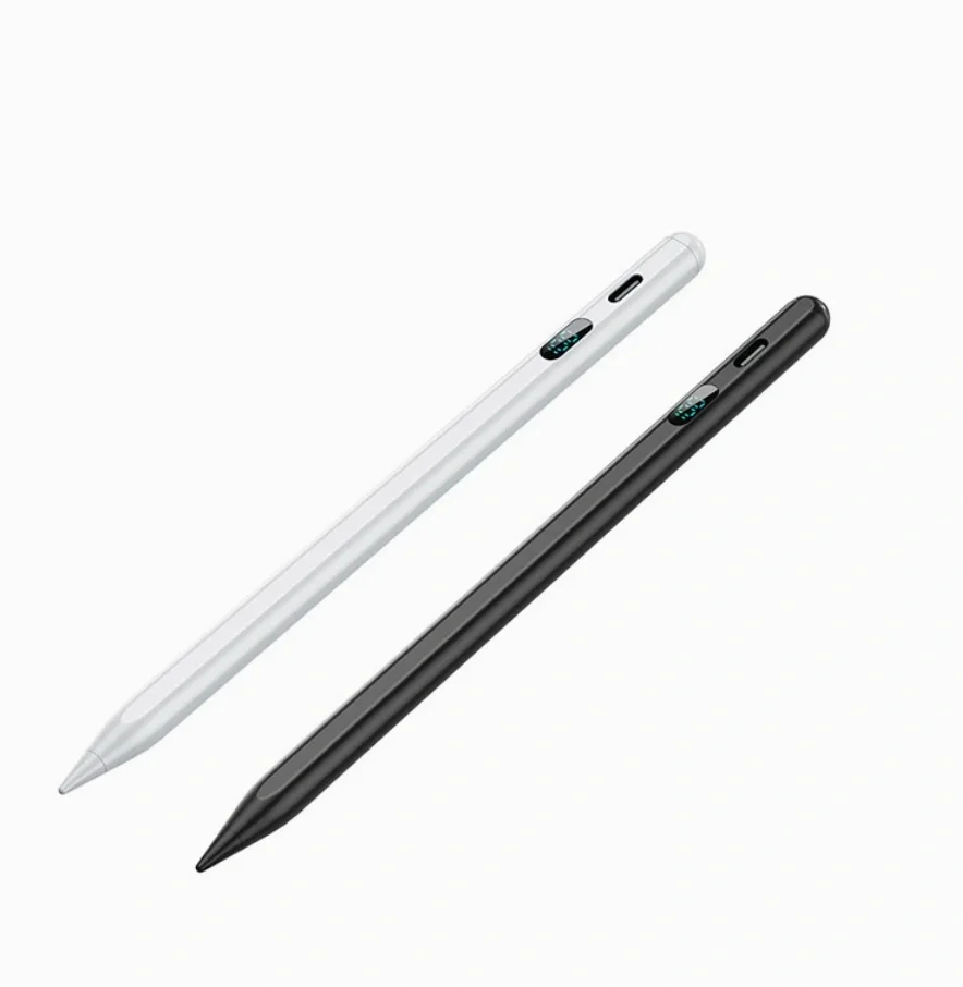 White and black stylus pens with a digital battery display and USB-C port