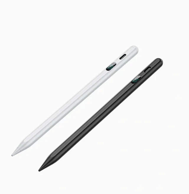 White and black stylus pens with a digital battery display and USB-C port