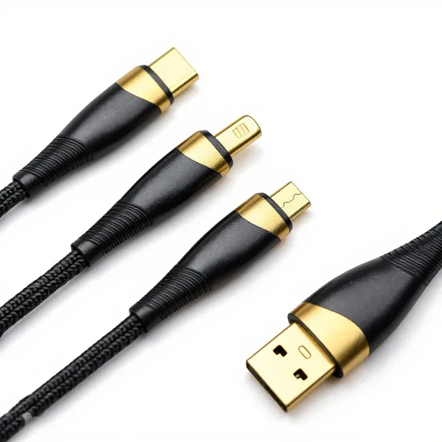 Braided 3-in-1 charging cable with USB-C, Lightning-type and Micro-USB tips and a USB-A plug