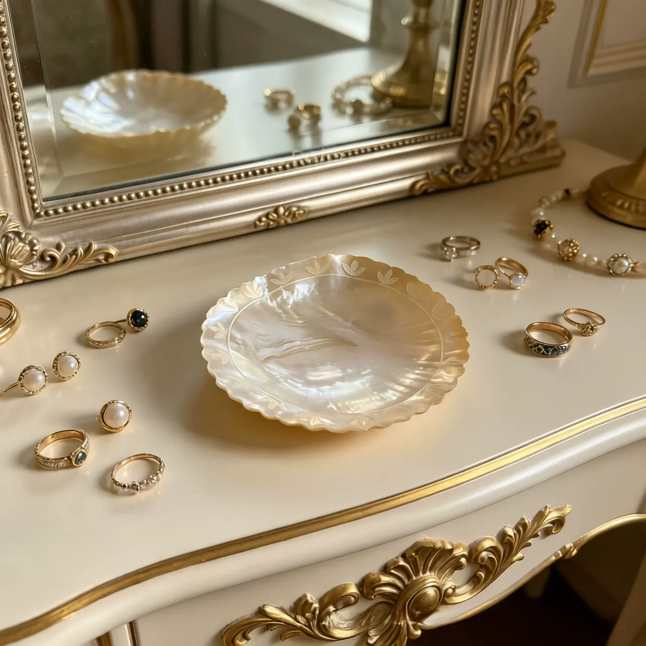 Round scalloped clover shell dish with gold-tone rim