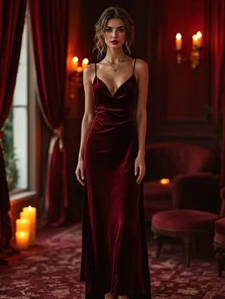 AI-generated concept image: Velvet Bias Slip Dress by Velvet Hour, burgundy