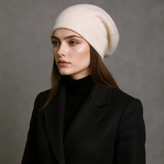 Woman wearing the beige slouchy knit beanie