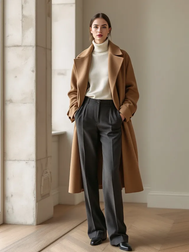 AI-generated concept image: Double-Faced Wrap Coat by Maison Ardoise, camel