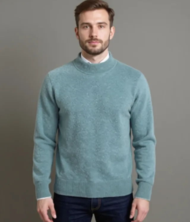 Man wearing the sage mock-neck wool sweater over a white shirt, front view