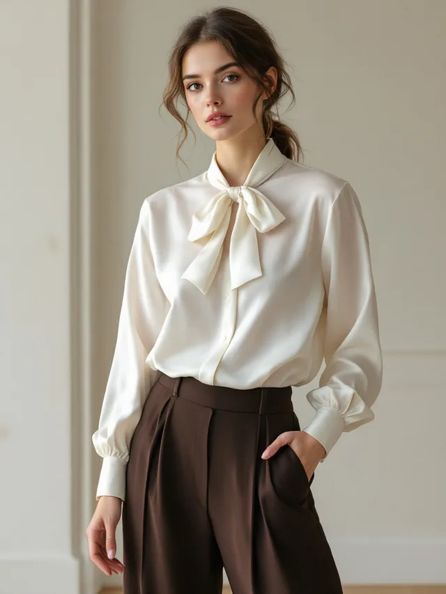 AI-generated concept image: Satin Bow Blouse by Maison Ardoise, ivory