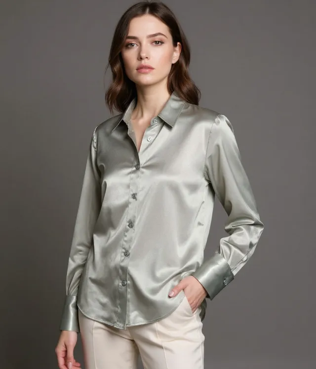 Woman wearing the silver sage silk shirt tucked into cream trousers
