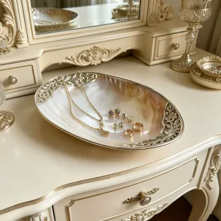 Large mother-of-pearl shell dish with double silver-tone trim