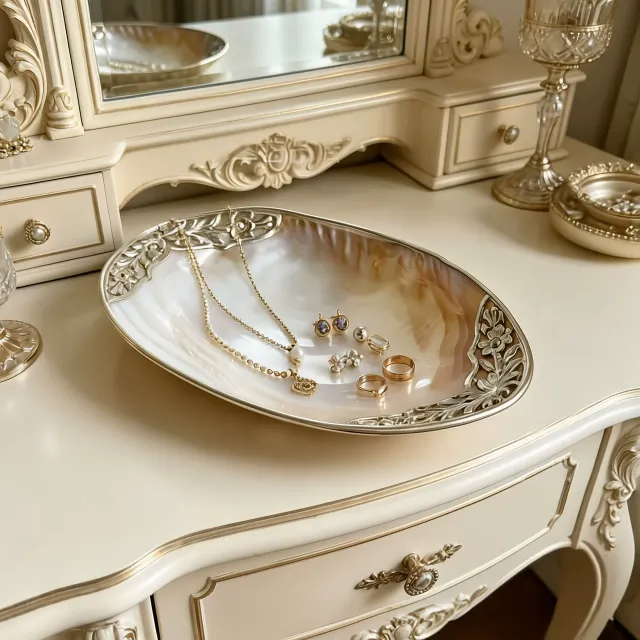 Large mother-of-pearl shell dish with double silver-tone trim