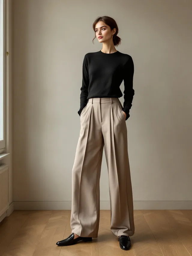 AI-generated concept image: Pleated Wide-Leg Trousers by Maison Ardoise, taupe