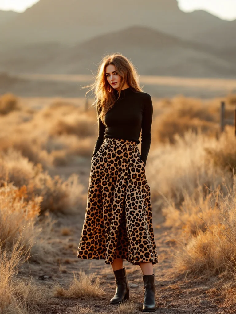 AI-generated concept image: Leopard Print Midi Skirt by Saddle & Sage, leopard