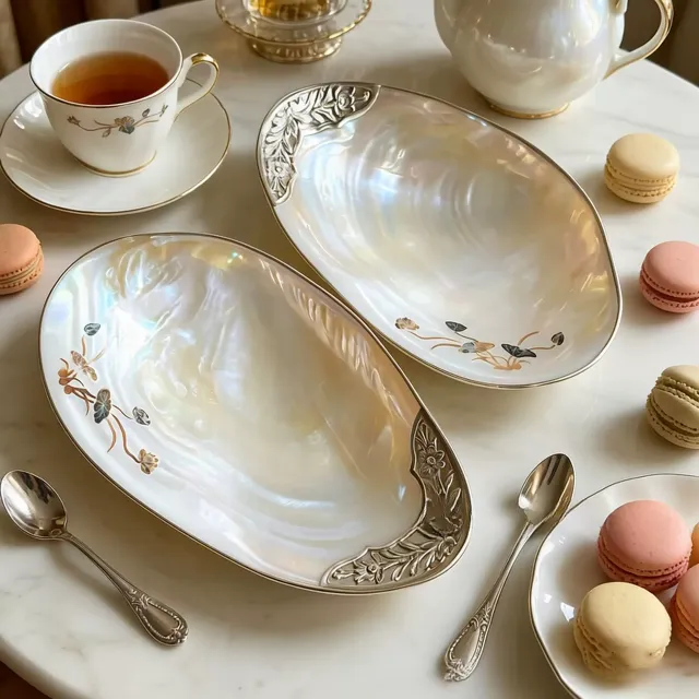 Two Lucky Lotus shell dishes with embossed silver-tone edges and painted lotus