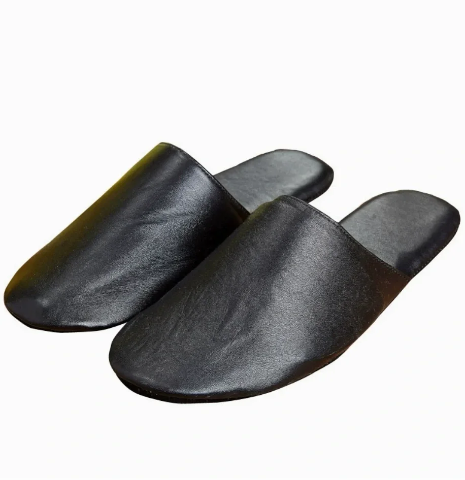 Black leather slip-on slippers