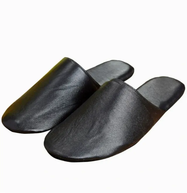 Black leather slip-on slippers
